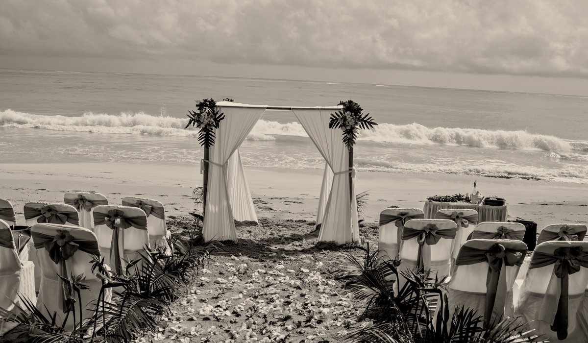 black and white beach wedding in Hawaii with white bamboo archway