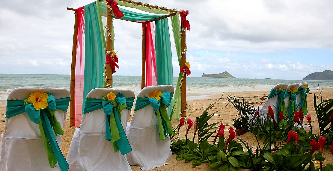 setup in Hawaii yellow hibiscus flowers on the backs of the blue and green chairs