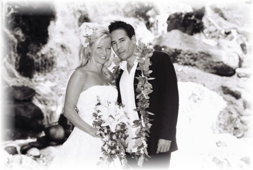 tracey and Lance by the waterfall at Kahala Resort