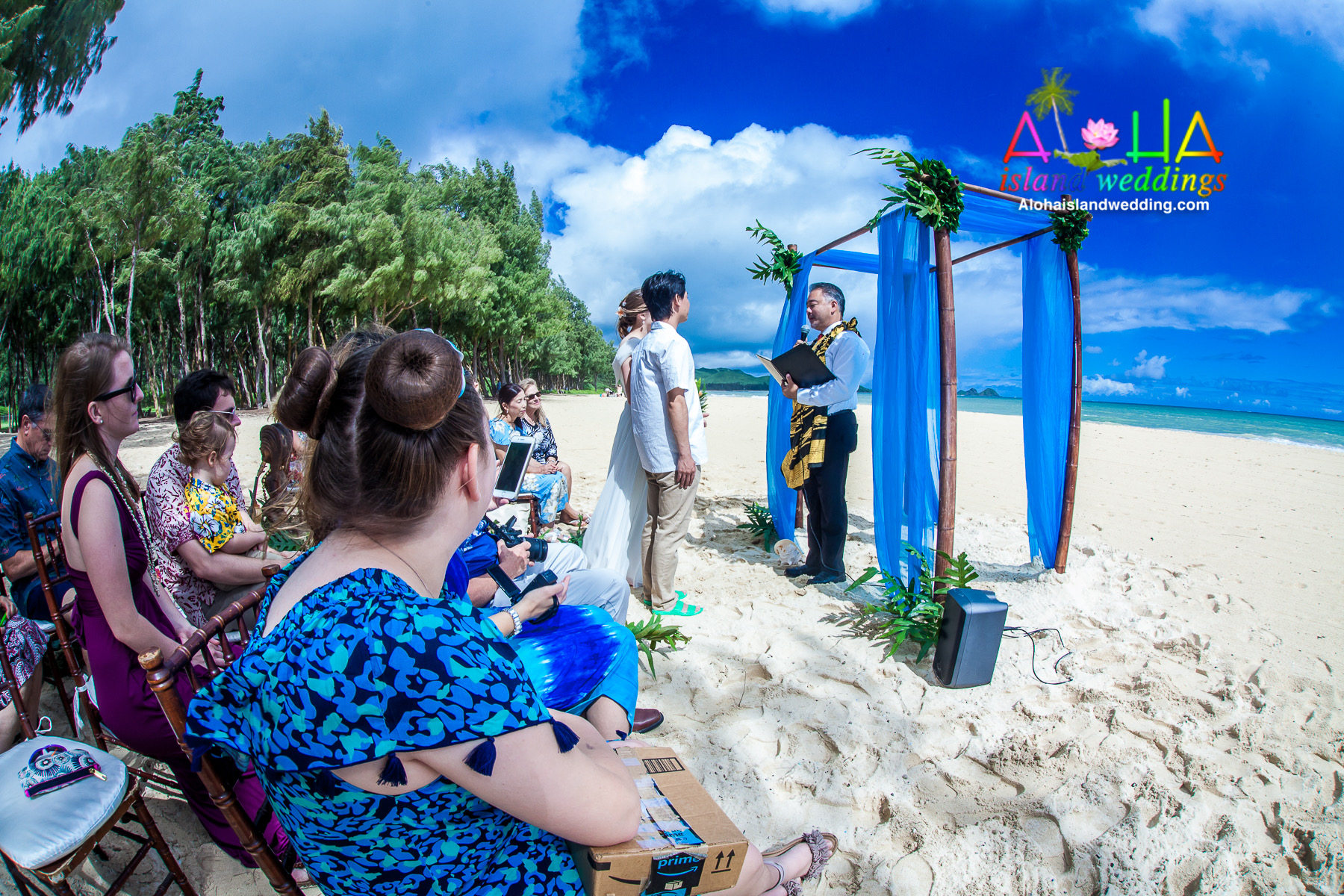 The guest sit down at Toshi's beach wedding while the minister says the vows for them to repeat