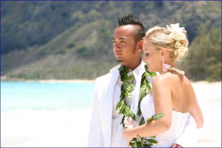Angela and Chris with the green mountains of Waimanalo behind