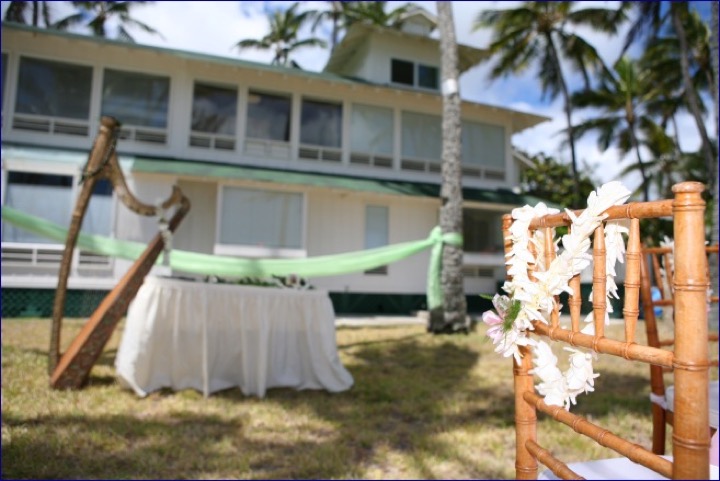 The Waimanalo beach estate house with its lawn set for the wedding