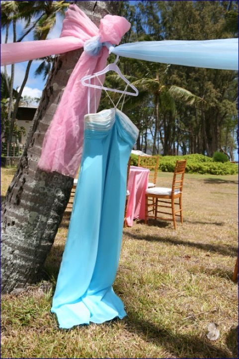 Turquoise bridesmaid dresses hanging by the palm trees on the estate lawn