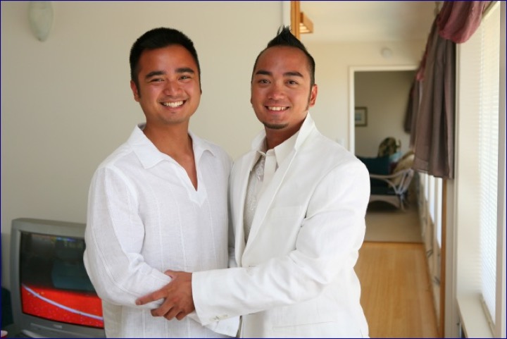 Chris and his groomsman in white getting ready