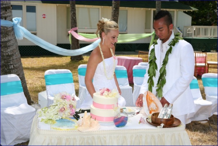 Angela and Chris at the cake table on the lawn