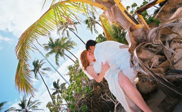 Ashley and her groom under a palm tree at Lanikai ur