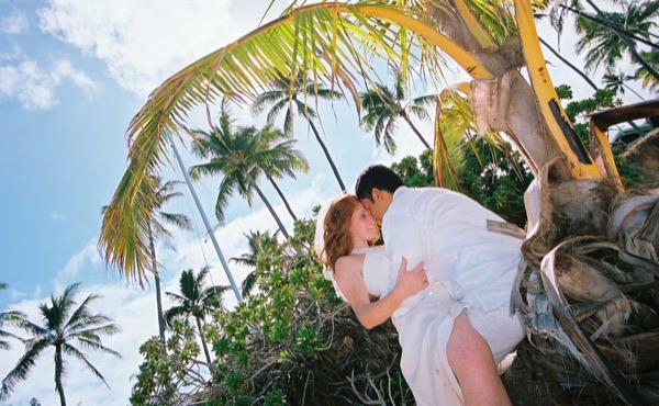 Ashley and her groom under a palm tree at Lanikai, under a blue sky
