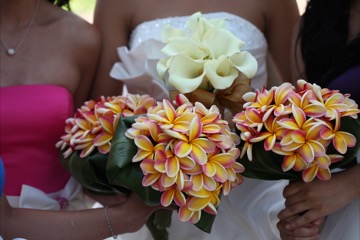 A rainbow plumeria bouquet with a white calla lily