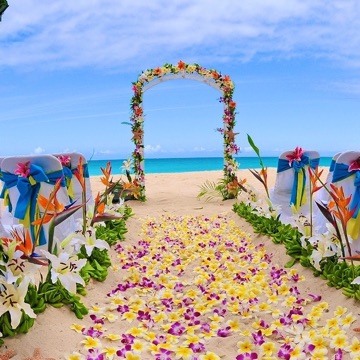 Flower aisle and arch on the beach for Jennifer and David