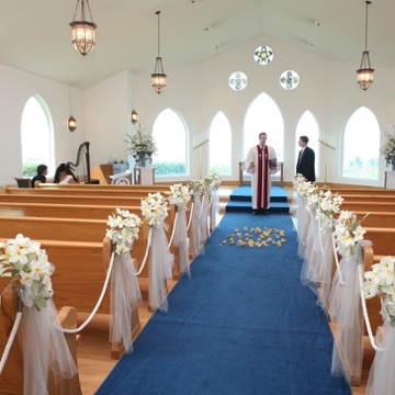 Inside the church decorated for Karen and James's wedding