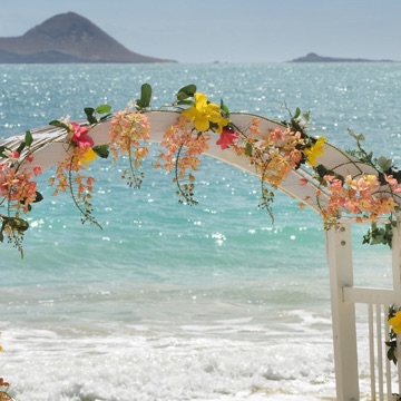 Flower arch on the beach for Aki and Shawn's wedding