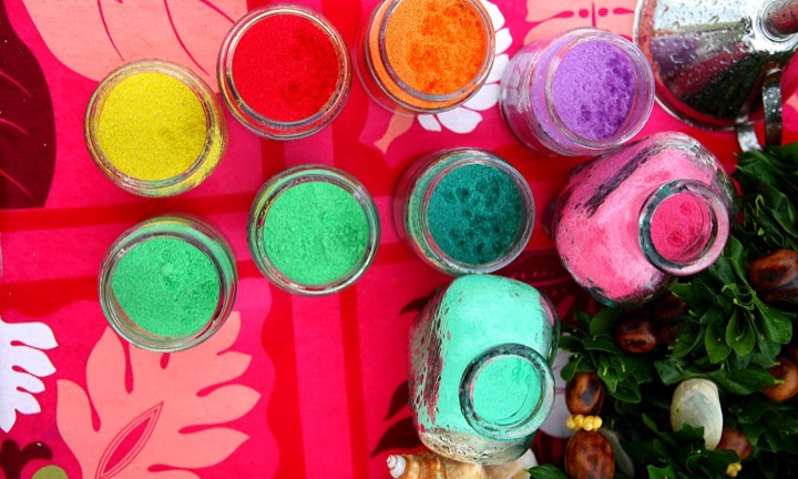 A rainbow of colored sands on the beach in Hawaii