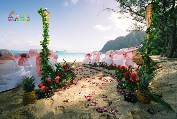 Pineapples, red ginger and orchid petals along a curving aisle on the beach