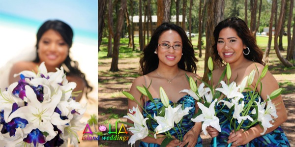 Bridesmaids with white and blue orchid bouquets