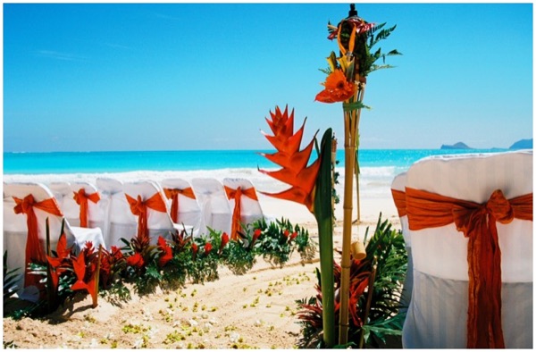 Orange sashes and red ginger lining the chairs on the beach