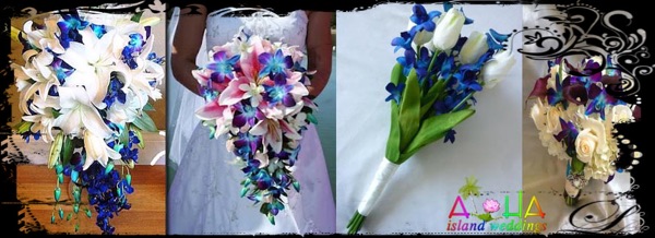 Collage of blue and white wedding bouquets