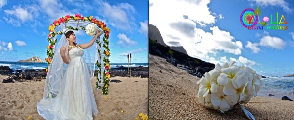 Bride with her white plumeria bouquet under the arch