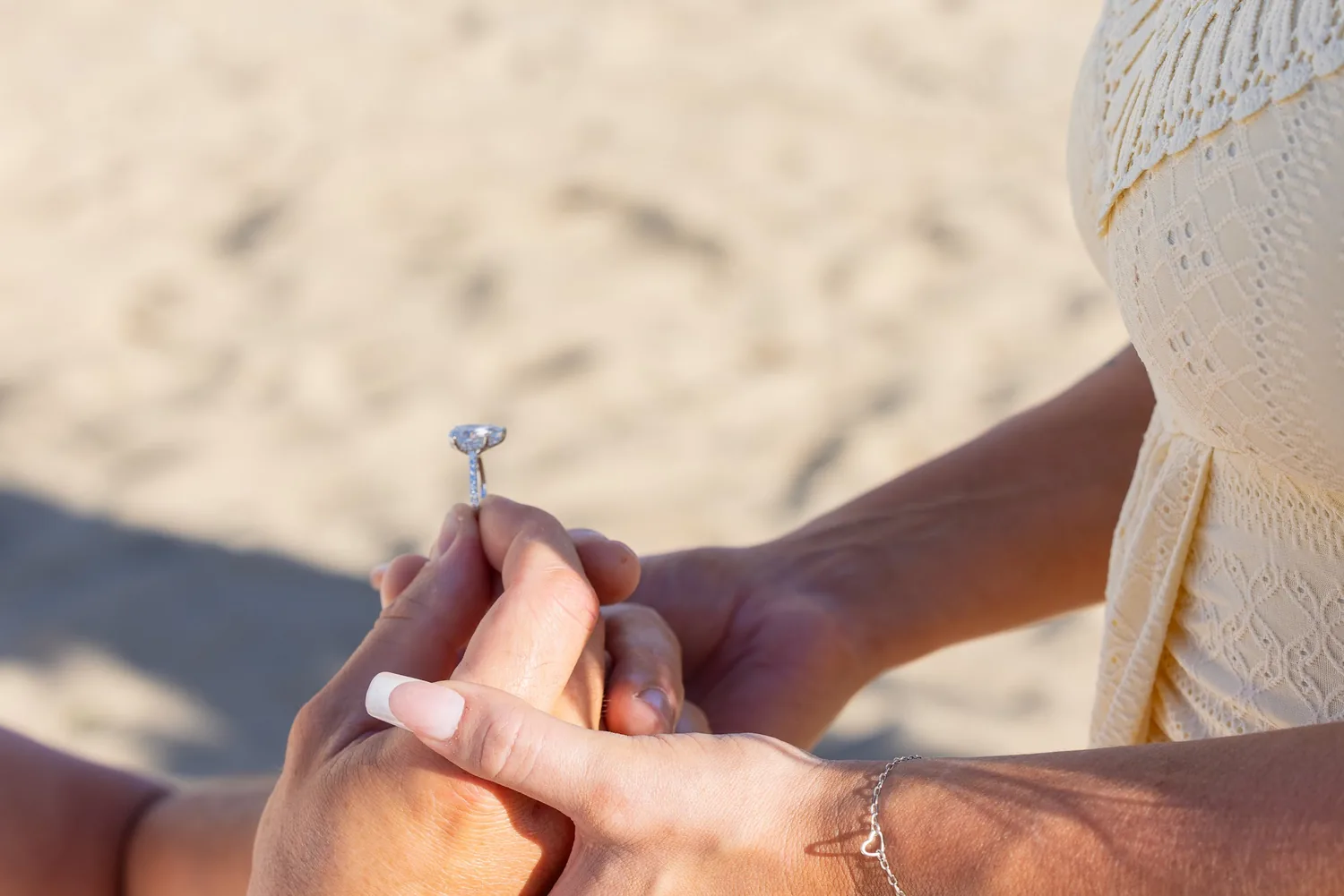 Sliding the ring onto her finger