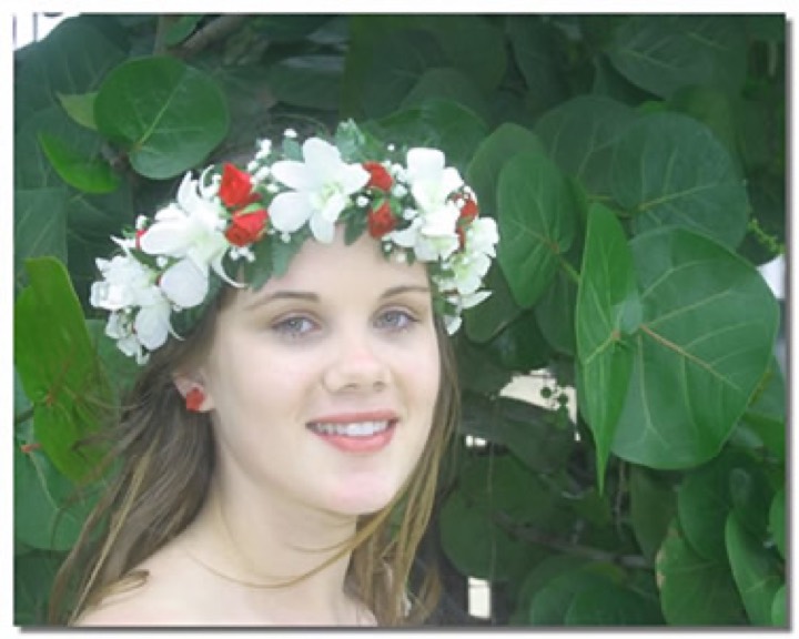 Haku lei of white and red roses