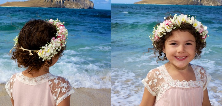 Flower girl in a white and yellow plumeria head lei at her mom's 10-year vow renewal