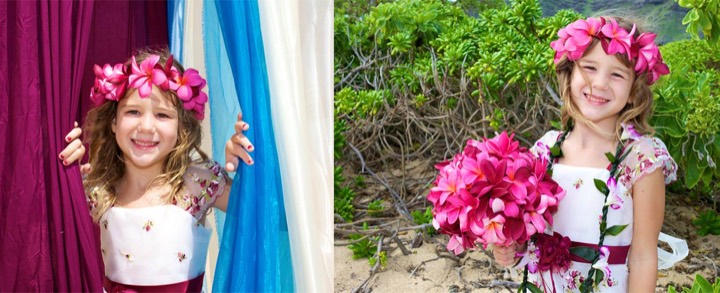 Flower girl in a dark pink plumeria haku lei holding her mom's bouquet