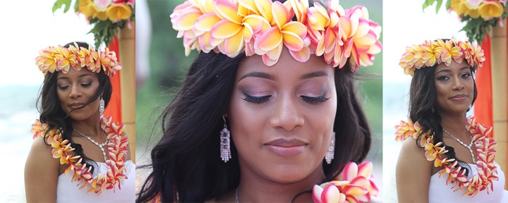 Rainbow plumeria haku lei in orange, pink and yellow for a beach bride