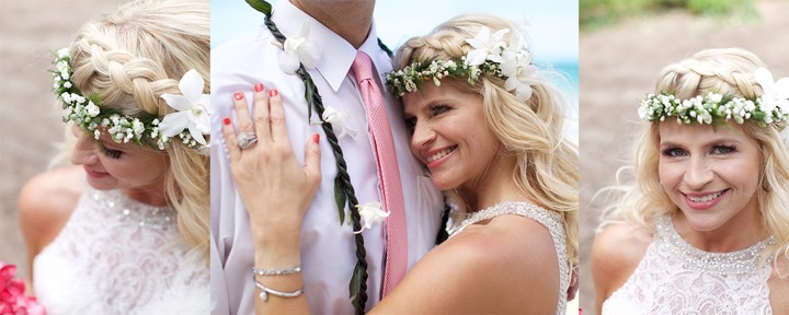 Stephanie wearing a delicate all-white haku lei