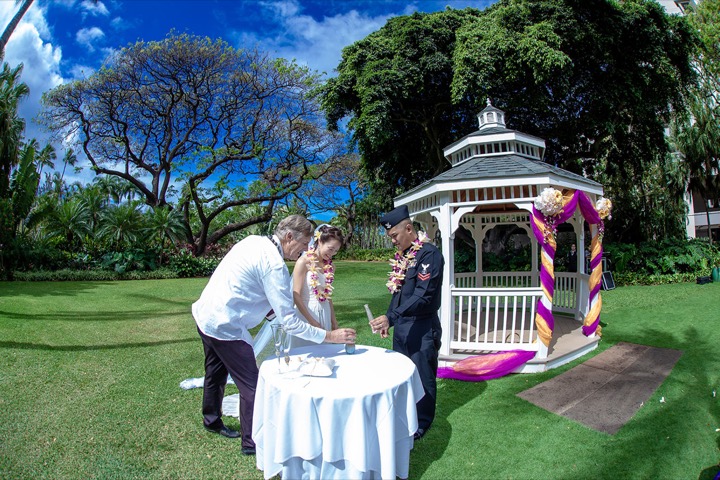 Signing the marriage license by the gazebo in the Luau Gardens