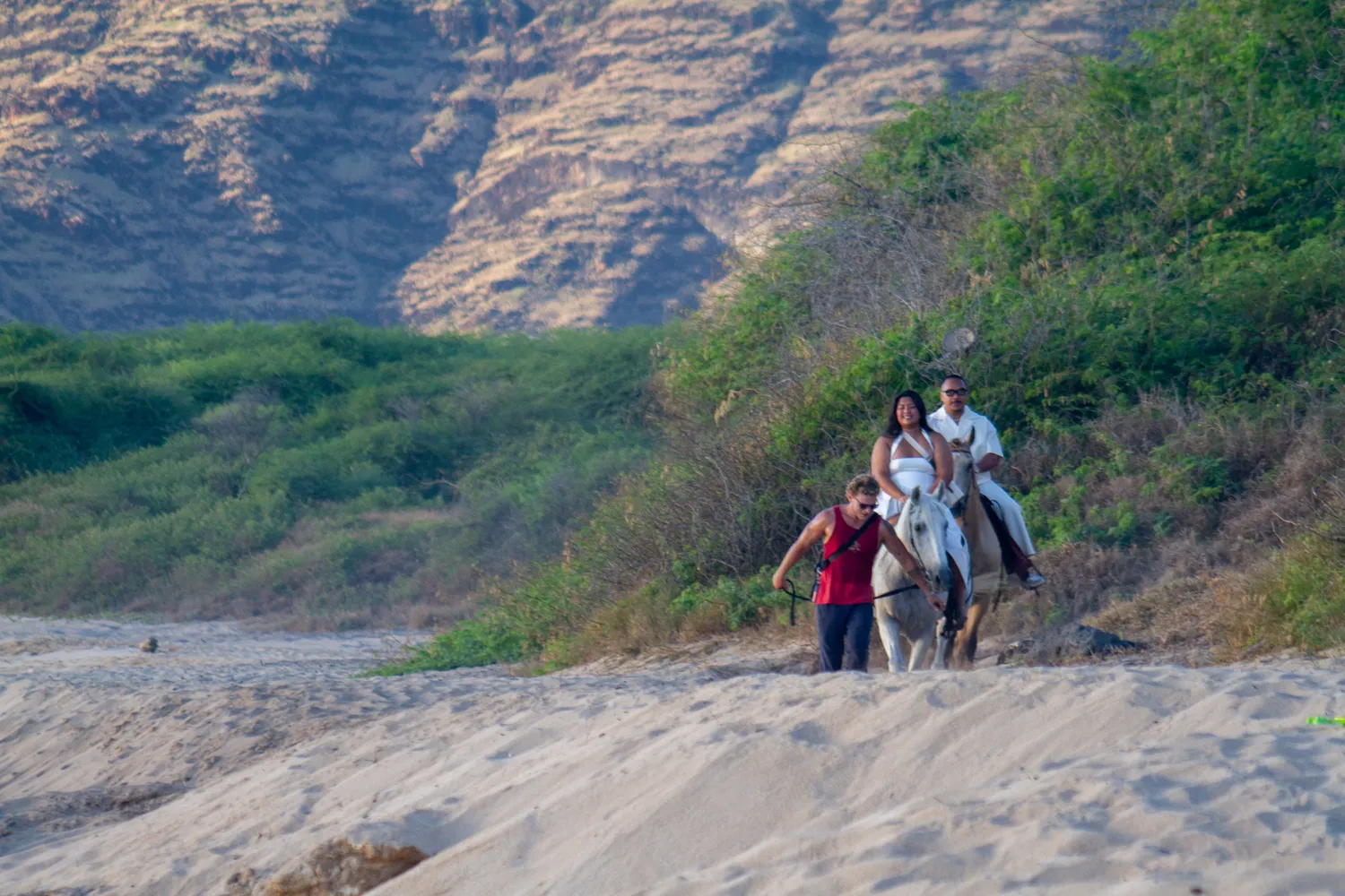 Riding horses down to the beach, at a horseback proposal on Oahu