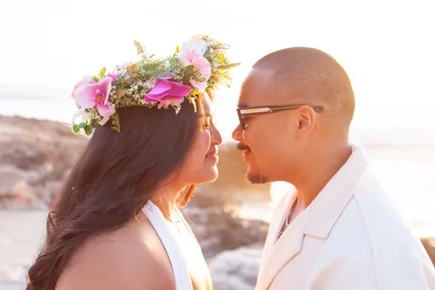 Flower crown and a smile, at a horseback proposal on Oahu