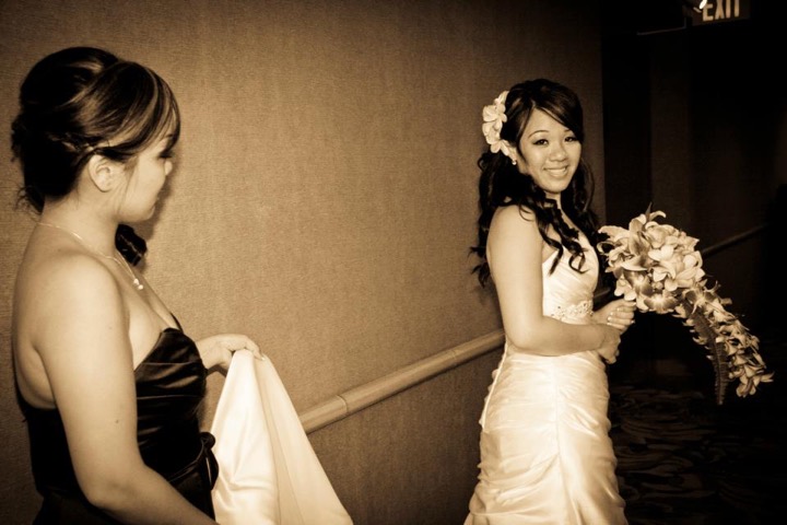 Grace walking out of her hotel room in Waikiki on her wedding day