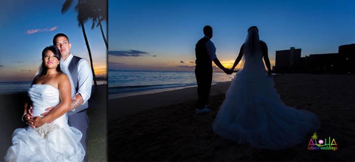Couple holding hands at sunset on the beach at the Hale Koa Hotel