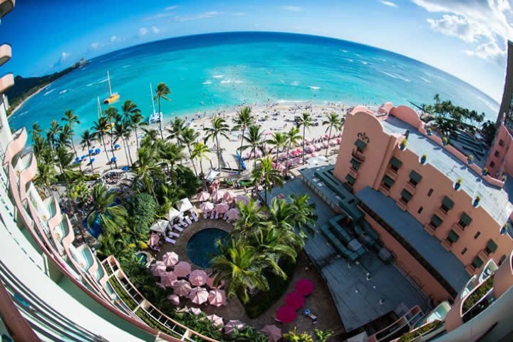 View from the top floor of the Royal Hawaiian Hotel over Waikiki Beach and the ocean
