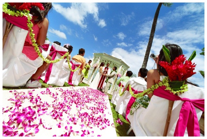 Aisle of pink orchid petals between white chairs with red sashes at the Kahala Resort