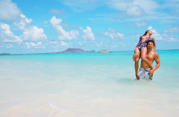 Jamillah and Brandon at Lanikai beach, in the afternoon light