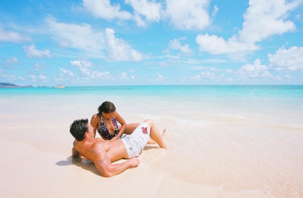 Jamillah and Brandon at Lanikai beach, in the breeze