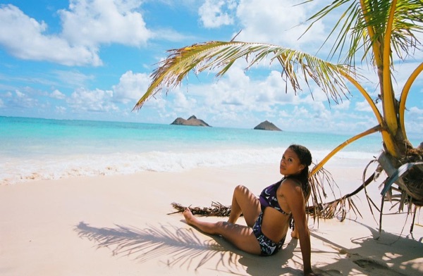 Jamillah and Brandon at Lanikai beach, with a big smile