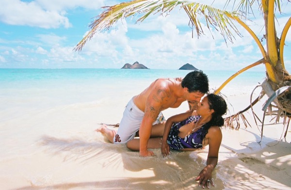 Jamillah and Brandon at Lanikai beach, in a sweet moment