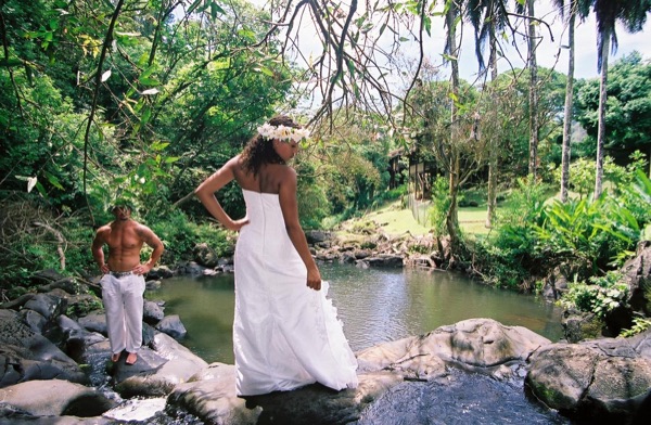 Jamillah and Brandon in the Nuuanu rainforest, in the afternoon light