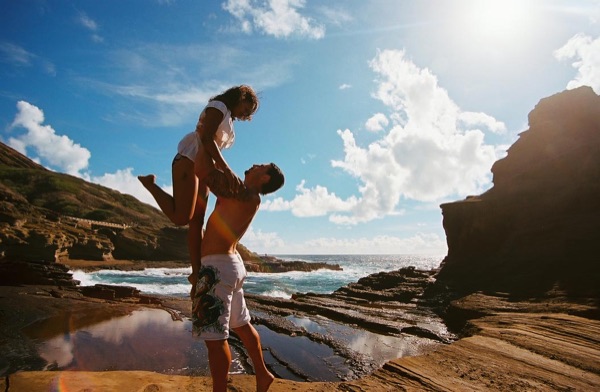 Jamillah and Brandon on the east coast cliffs above the Pacific, having fun