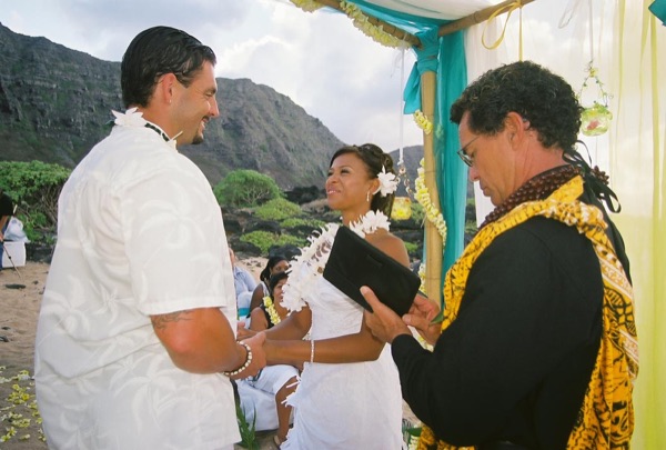 Jamillah and Brandon's turquoise themed beach ceremony, wide view