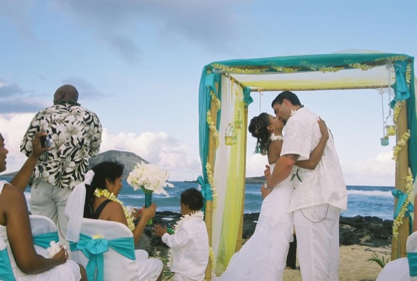 Jamillah and Brandon's turquoise themed beach ceremony, from below