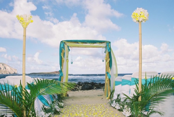 Wedding set up turquoise fern plants with yellow plumeria, smiling