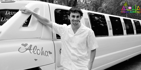 Black and white photo of David by the limo