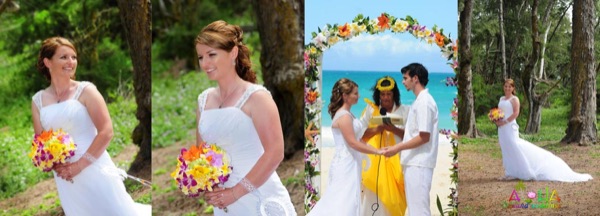 Jennifer the bride with Hawaiian floral bouquet