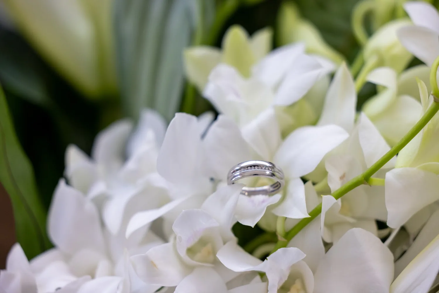 Their wedding rings in a turquoise box resting on a white flower bouquet