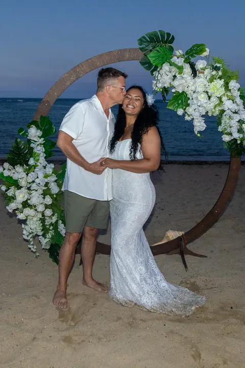 John and Dianna at the archway in the blue twilight