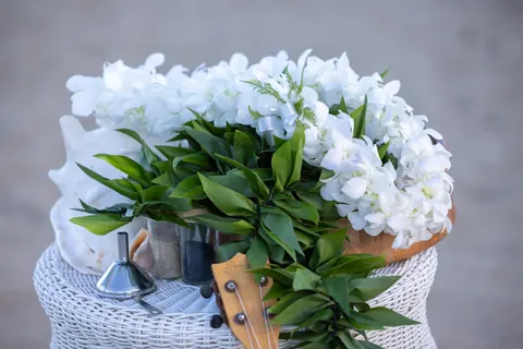 The white orchid lei and the green maile lei waiting for the ceremony