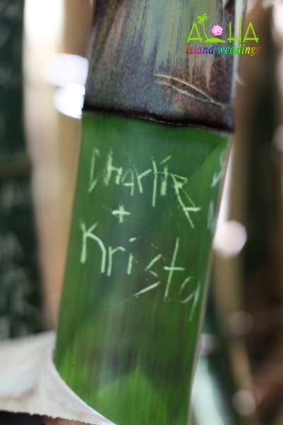 Krista and Charlie's names carved in the bamboo in Kaneohe