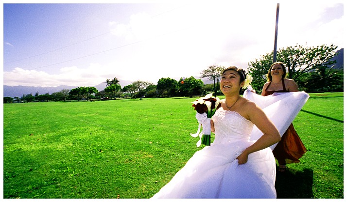 Bride with her veil blowing in the wind on the grassy park lawn